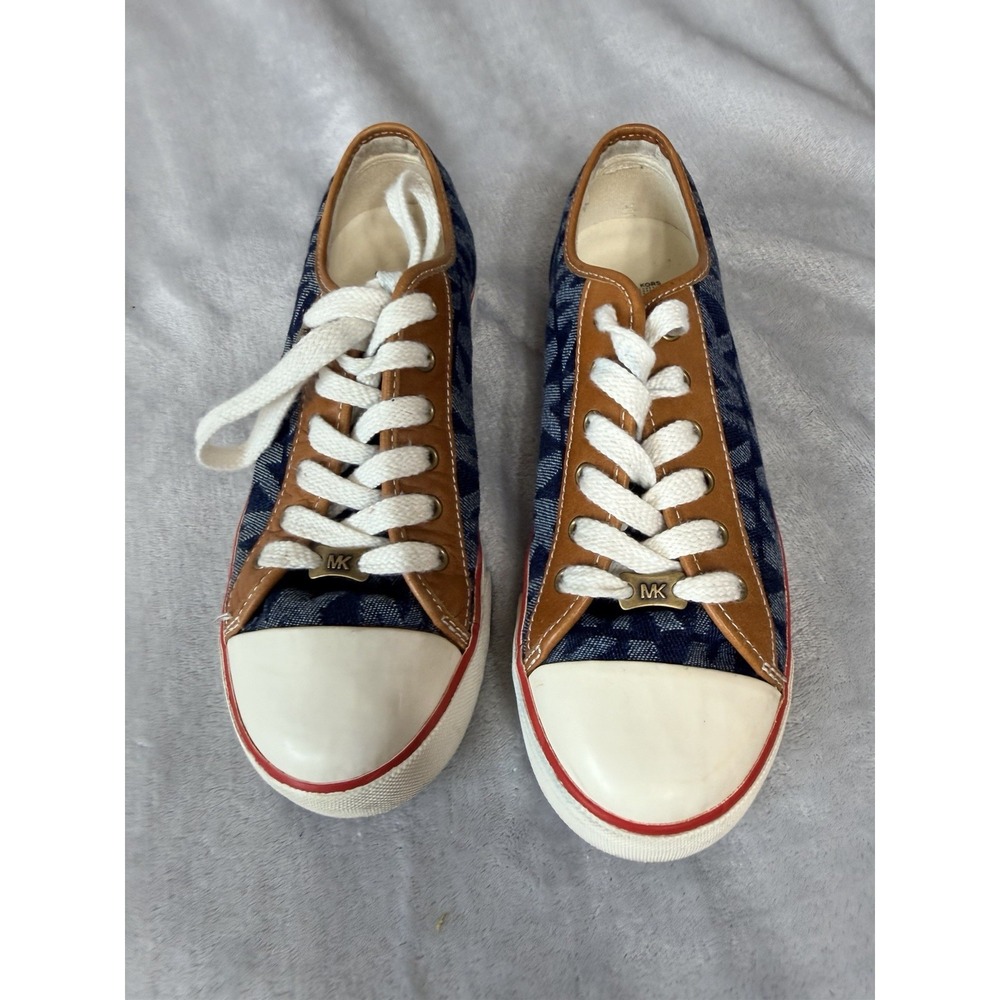 Michael Kors Signature SZ 8 Lace-Up Sneakers Denim Blue White Logo - Picture 2 of 7